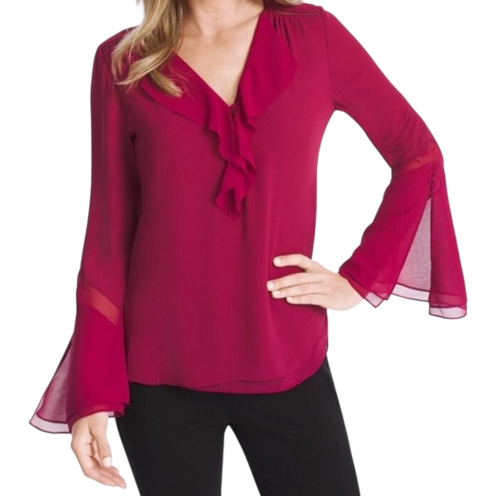 WHBM Berry Chiffon Ruffled Bell Sleeve Blouse Top Size‎ 10